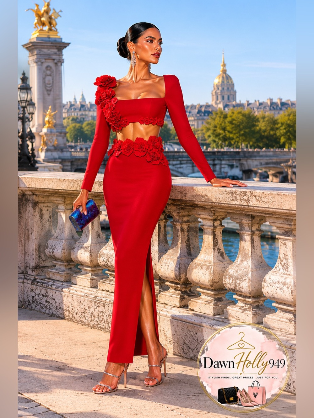 Red Maxi Two-Piece Evening Dress with Floral Appliqué